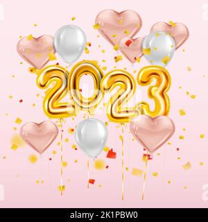 Palloncini a cuore rosa Felice anno nuovo 2023, numeri di foglio d'oro, palloncini bianchi Illustrazione Vettoriale