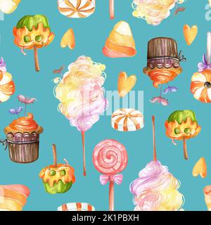 Motivo watercolor senza cuciture con caramelle in cotone e dolci di Halloween. Illustrazione acquerello su sfondo turchese. Design della carta da parati. Per card, poste Foto Stock