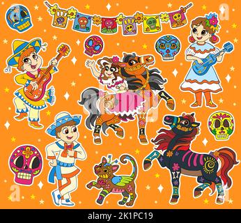 Set di adesivi messicani per personaggi e elementi di Halloween. Bambini, animali e scolpite di zucchero. Illustrazione del cartoon vettoriale. Per adesivi, biglietti, design, stampa Illustrazione Vettoriale