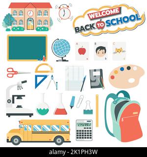 Bentornato a scuola. Flat Graphic Design Set di forniture scolastiche con stazionari, fiasche, varie. School Bus isolato su sfondo bianco. Foto Stock