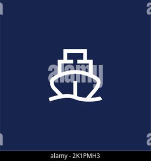 Una nave da yacht bianca con logo timone isolato su sfondo blu Illustrazione Vettoriale