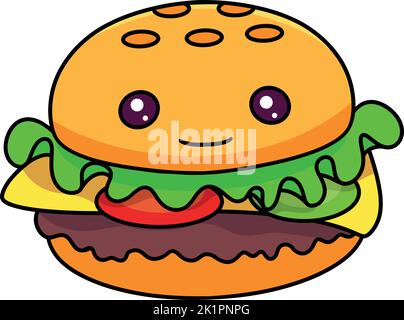 Un simpatico sandwich hamburger kawaii adesivo Illustrazione Vettoriale