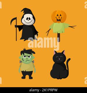 Personaggi dei cartoni animati su Halloween impagliati gatto nero Frankenstein e morte con una falce Illustrazione Vettoriale