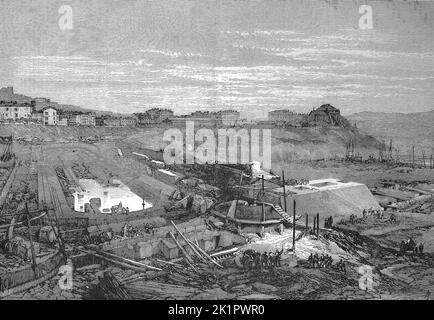 Baustelle des neuen Hafen von la Spezia im Jahre 1868, Ligurien, Italien / cantiere edile del nuovo porto di la Spezia nel 1868, Liguria, Italia, Historisch, ristorante digitale Reproduktion einer Originalvorlage aus dem 19. Jahrhundert, genaues Originalatum nicht bekannt / riproduzione storica, digitale migliorata di un originale del 19th ° secolo Foto Stock