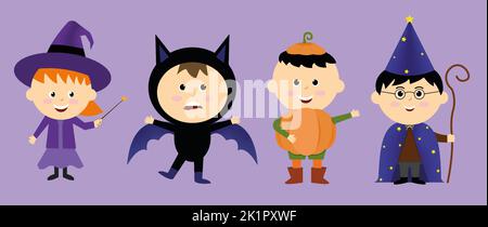 Carino halloween piccoli personaggi pack in illustrazione Illustrazione Vettoriale