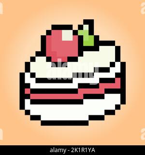 Pixel 8 bit Un pezzo di torta. Torta di compleanno in illustrazione vettoriale per le risorse di gioco e modello a punti incrociati. Illustrazione Vettoriale