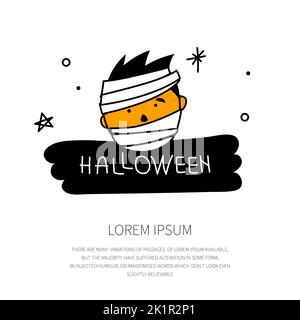 Personaggio testa mostro mummia con frase HALLOWEEN per la stagione Spooky il 31 ottobre. Immagine vettoriale avatar di cartoni animati scricchiolanti. Illustrazione Vettoriale