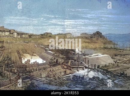 Baustelle des neuen Hafen von la Spezia im Jahre 1868, Ligurien, Italien / cantiere edile del nuovo porto di la Spezia nel 1868, Liguria, Italia, Historisch, ristorante digitale Reproduktion einer Originalvorlage aus dem 19. Jahrhundert, genaues Originalatum nicht bekannt / riproduzione storica, digitale migliorata di un originale del 19th ° secolo Foto Stock