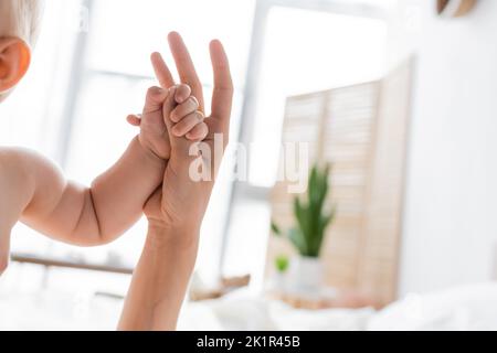 Vista ritagliata della figlia del bambino che tiene la mano della madre nel paese, immagine di riserva Foto Stock