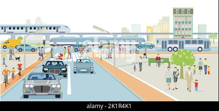 Traffico stradale con treno espresso, autobus e tram, illustrazione Illustrazione Vettoriale