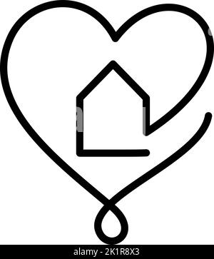 Casa con cuore vettore disegnata a mano monolina logo icona immobiliare una linea d'arte, forma all'interno. Amore casa simbolo, illustrazione isolato su bianco Illustrazione Vettoriale