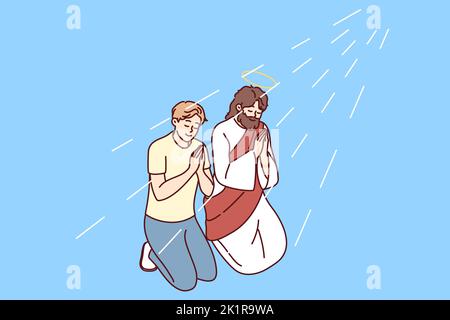 Il giovane religioso si inginocchia vicino a Gesù Cristo pregando con le mani insieme. Il credente maschio prega per la buona vita. Religione e fede. Illustrazione vettoriale. Illustrazione Vettoriale