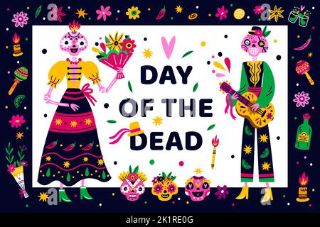 Poster Day of Dead. Festa tradizionale festeggiamento. Invito alla festa. Scheletri uomo e donna in costumi folcloristici. Carnevale di Muertos. Teschi di zucchero Illustrazione Vettoriale