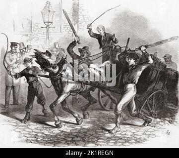 Crudeltà verso gli animali. Un gruppo di uomini batte un cavallo. Dopo un lavoro in un'edizione 1865 del giornale illustrato di Frank Leslie. L'immagine fu successivamente ristampata dal giornale nel 1866 dopo che Henry Burgh, 1813 - 1888, fondò l'American Society for the Prevention of cruelty to Animals (ASPCA) giorni dopo che la legislazione fu approvata negli Stati Uniti contro la crudeltà degli animali. Foto Stock