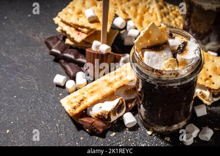 Dessert per torte al cioccolato fondente Smores, cottura rapida e semplice delle ricette nel microonde, torta lavica, brownie con marshmallow e cracker graham in un bicchiere Foto Stock