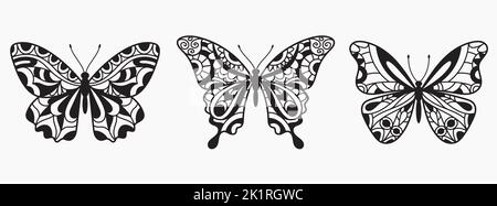 Set di farfalle. Bella collezione di silhouette Butterflies disegnate a mano Illustrazione Vettoriale
