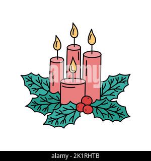 Chrismas candele e foglie agrifoglio doodles isolato. Illustrazione vettoriale di quattro candele e foglie di leccio. Cute mano disegnata composizione di Adve di Natale Illustrazione Vettoriale