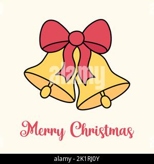 Carino auguri di buon Natale con campane d'oro e arco. Illustrazione vettoriale quadrata di due campane jingle di contorno. Composizione del simbolo di Natale a Illustrazione Vettoriale