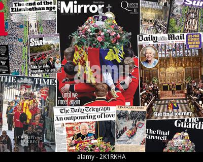 Le prime pagine dei giornali del 20th settembre, che trattano i funerali della Regina del 19th settembre 2022. Foto Stock