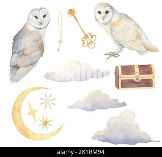 Acquerello illustrazione di gufi, nuvole, chiave, petto vintage, luna e stelle set isolato Foto Stock