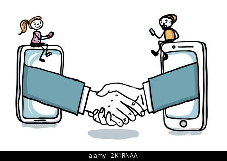 Contratto e handshake su internet - Business on-line con il telefono cellulare - digitale età mano disegnata vettore illustrazione Illustrazione Vettoriale