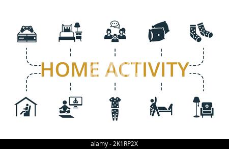 Icona impostazione attività home. Icone modificabili tema di attività domestica come la comunicazione con la famiglia, l'esercizio fisico, pigiami e molto altro. Illustrazione Vettoriale