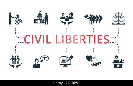 Icona Civil Liberties Set (libertà civili impostate). Icone modificabili tema delle libertà civili come i mass media, religiosi, tutela ambientale e altro ancora. Illustrazione Vettoriale