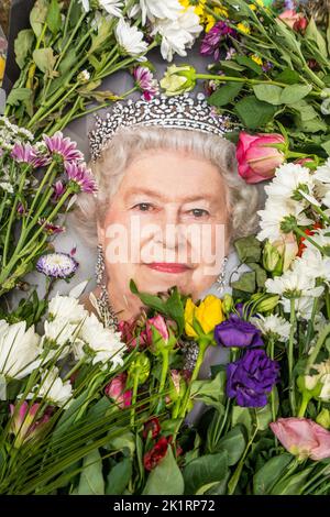 Londra Regno Unito. 20 settembre 2022. I Flwers sono messi come tributo alla regina Elisabetta II in Green Park. Lunedì 19 settembre la bara della Regina è stata portata su una carrozza da armi da Westminster Hall seguita da Re Carlo III e Camilla, Regina Consort, dopo aver sdraiato in stato per quattro giorni, seguita da un internamento privato alla Cappella di San Giorgio a Windsor. Credit: amer Ghazzal/Alamy Live News. Foto Stock