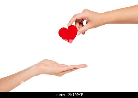 Mani femminili con cuore rosso come simbolo di salute, amore, donazione di organi, consapevolezza, benessere, Assicurazione di famiglia e concetto di RSI Foto Stock