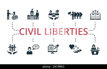 Icona Civil Liberties Set (libertà civili impostate). Icone modificabili tema delle libertà civili come i mass media, religiosi, tutela ambientale e altro ancora. Illustrazione Vettoriale