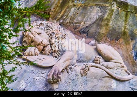 Il leone morente (Monumento del Leone o Lowendenkmal) è il monumento più imponente, realizzato in memoria dei caduti, Lucerna, Svizzera Foto Stock