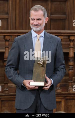 Madrid, Spagna, 20/09/2022, Re Felipe VI di Spagna visto durante la consegna del 'Camino Real Award' nella sua quinta edizione presso l'auditorium dell'Università di Alcala, ad Alcala de Henares, Madrid. Il premio 'Camino Real' è stato assegnato dal Franklin Institute dell'Università di Alcala, che riconosce il lavoro professionale degli spagnoli che in modo eccezionale ed esemplare progettano e valorizzano l'immagine positiva della Spagna negli Stati Uniti. La proiezione dell'immagine della Spagna in Nord America da parte del giocatore di tennis, significa il suo trionfo negli US Open (2019), così come nella precedente e Foto Stock