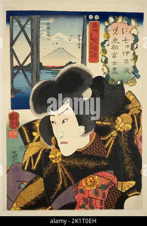 Attore Ichikawa Danjuro VIII come la brigata Jiraiya (viste di Fuji da Edo). Museo: COLLEZIONE PRIVATA. Autore: UTAGAWA KUNIYOSHI. Foto Stock