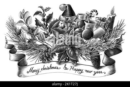 Natale e Capodanno banner disegno a mano stile di incisione Illustrazione Vettoriale