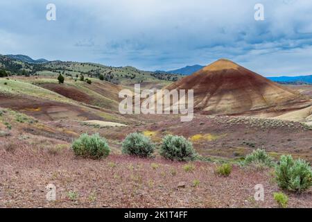 Brillanti colori rosso e giallo di formazioni rocciose nelle Painted Hills, Oregon USA. Foto Stock