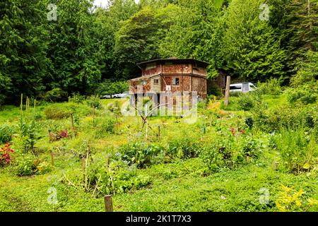 Residenza privata nel profondo della lussureggiante foresta; Fidalgo Island; Anacortes; Washington; USA Foto Stock