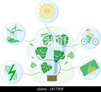 Illustrazione grafica piatta moderna, infografica di problemi ambientali, generazionali, di risparmio energetico verde e di riduzione del traffico per il web design. Illustrazione Vettoriale