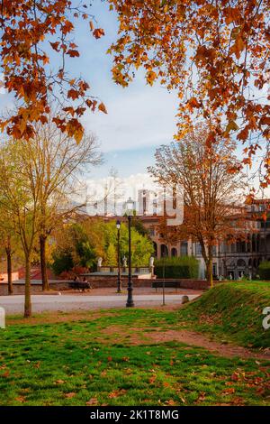 Autunno e fogliame a Lucca. Vista romantica del parco delle mura della città con foglie autunnali Foto Stock