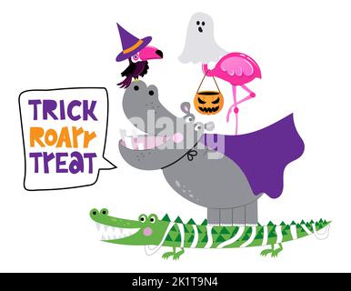 Trucco o trattare - Cauto Coccodrillo, ippopotamo e flamingo design per Halloween. Poster con lettere o design grafico in tessuto per t-shirt. Carino flamingo ch Illustrazione Vettoriale