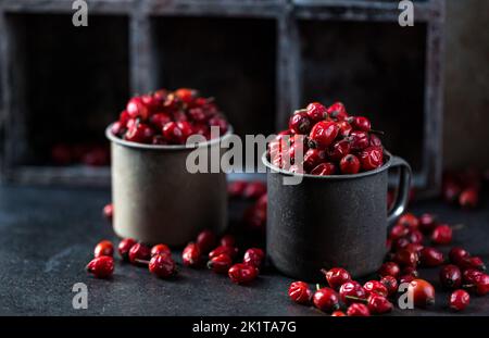 frutta secca di rosa canina sulla tavola Foto Stock