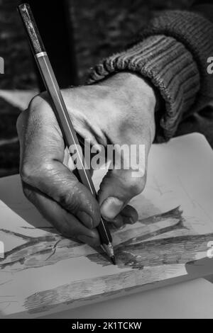 La mano dell'artista disegnando un disegno a matita. Primo piano.monocromatico Foto Stock