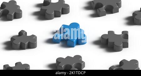 Sfondo astratto con molti pezzi di puzzle 3D grigi e uno blu su sfondo bianco. Concetto di leadership individuale del lavoro di squadra. vettore di rendering 3d Illustrazione Vettoriale