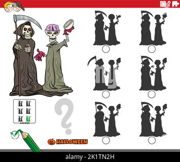 Illustrazione del cartone animato di trovare l'ombra senza differenze gioco educativo con i caratteri grim del reaper e dello scheletro sul tempo di Halloween Illustrazione Vettoriale