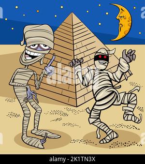 Illustrazione dei cartoni animati dei personaggi e della piramide divertenti della mummia sul tempo di Halloween Illustrazione Vettoriale