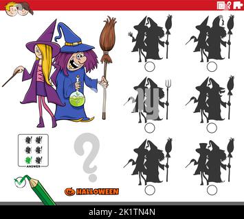 Illustrazione del cartone animato di trovare l'ombra senza differenze gioco educativo con i caratteri delle streghe sul tempo di Halloween Illustrazione Vettoriale
