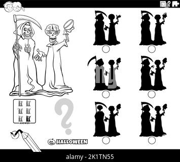 Cartoon bianco e nero illustrazione di trovare l'ombra senza differenze gioco educativo con grim reaper e personaggi scheletro su Halloween Illustrazione Vettoriale