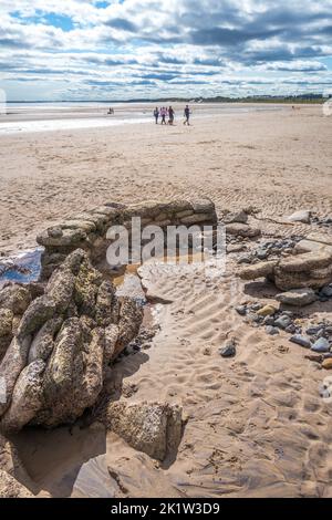 Rovina di una scatola di pillole dalla seconda guerra mondiale difese sulla spiaggia di Alnmouth Bay, Alnmouth, Northumberland, Inghilterra, Regno Unito. Foto Stock