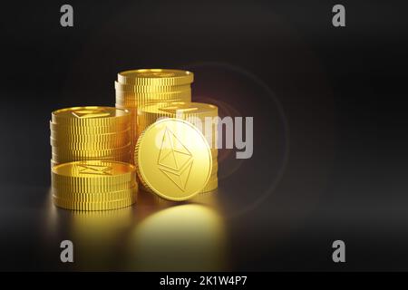 Pile di monete in etereo su sfondo nero. illustrazione 3d. Foto Stock