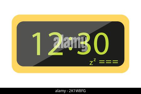 Scrivania sveglia con display elettronico giallo piatto. Smartwatch nero schermo simbolo segno di sospensione modalità di controllo notte giorno salute stile di vita gestione del tempo ufficio pc accessorio tracking lavoro riposo gadget Illustrazione Vettoriale