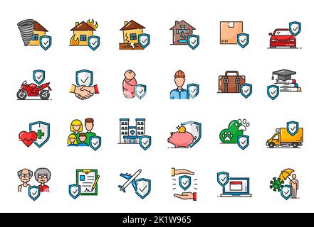 Colore di assicurazione delineare icone, sicurezza sanitaria e business, ambulanza e viaggi, scudi vettoriali. Icone di assicurazione per incidente di automobile o disastro della casa e vita della famiglia, assistenza medica e assicurazione finanziaria Illustrazione Vettoriale